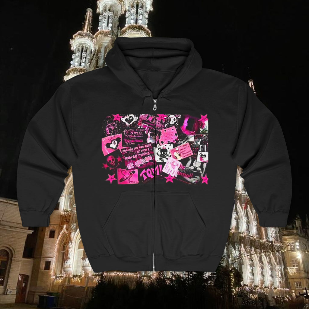 Punk Aesthetic Full Zip Hoodie with Graphic Design