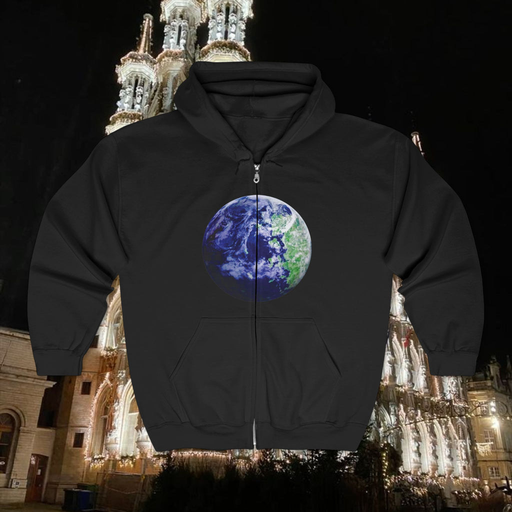 Eco-Friendly Full Zip Hoodie with Earth Design - Unisex Fashion for Nature Lovers